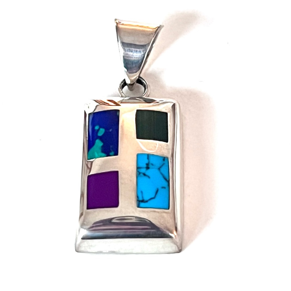 Silver Necklace Pendant Inlay Gemstone Sodalite Turquoise Malachite Geometric